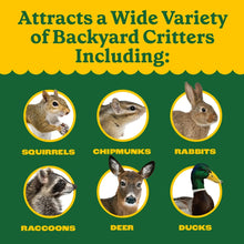 Wildlife food bag panel listing backyard critters: squirrels, chipmunks, rabbits, raccoons, deer, ducks