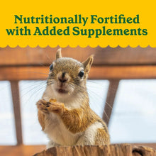 Wildlife food bag panel stating added supplements with a close-up sitting squirrel
