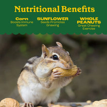 Wildlife food bag panel listing nutritional benefits: corn, sunflower, whole peanuts