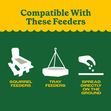 Wildlife food bag panel showing compatible feeders: squirrel feeders, tray feeders, spread on ground