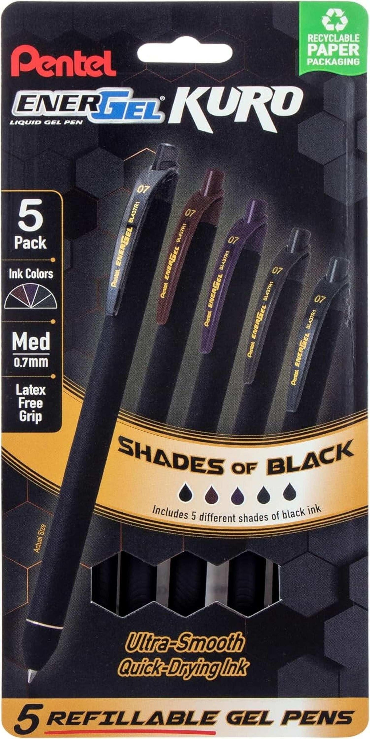 Pentel EnerGel Kuro Gel Pen, Shades of Black, 0.7mmtip, Assorted black ink, 5 pens - USA MEGA SHOP