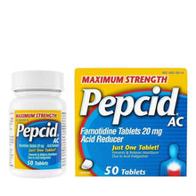 Maximum strength Pepcid AC tablets bottle and box, famotidine 20 mg