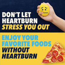 Heartburn relief promotional card with sad face emoji and pizza slice
