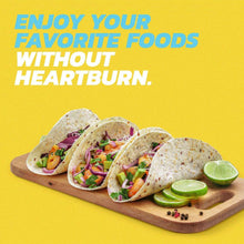 Promotional graphic with tacos and text about heartburn relief