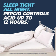 Promotional graphic with bed and text for Pepcid acid control