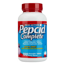 Pepcid Complete dual action chewable tablets bottle, red cap, blue label