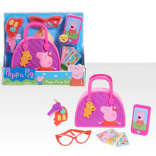 Peppa Pig purse set with purple bag, glasses, and character play pieces
