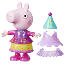 Peppa Pig pig figure in purple top and yellow skirt with teal hat and purple skirt
