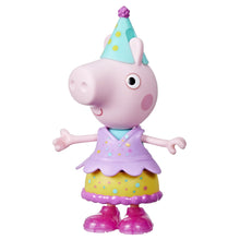 Peppa Pig pig figure in purple dress with yellow skirt dots and teal party hat