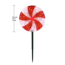Single LED peppermint lawn stake with red and white swirl pinwheel; height 25.4 cm shown