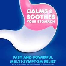 Digestive relief liquid label reading 'CALMS & SOOTHES YOUR STOMACH'
