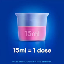 15 mL dosing cup labeled '15 mL = 1 dose' for digestive relief liquid