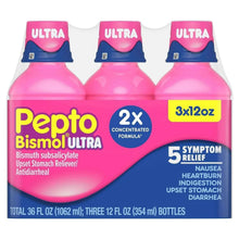 Pepto Bismol Ultra Liquid bottle multipack with 3x12 oz size and 5 symptom relief