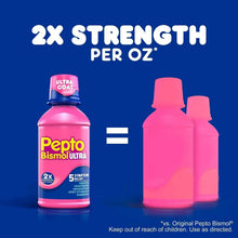 Pepto Bismol Ultra Liquid 2x strength per oz graphic with bottles