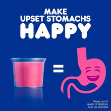 Pepto Bismol Ultra Liquid graphic with cup and smiley upset stomach text