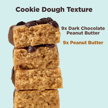 Stack of mini protein bars with cookie dough texture, dark chocolate chip and peanut butter