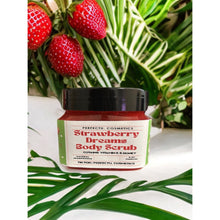 PerfectU. Cosmetics strawberry body scrub container with black lid and green label