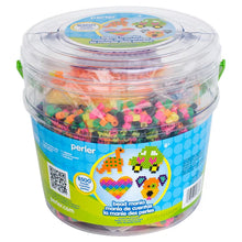 Clear plastic bead bucket with snap-on lid, filled with colorful craft beads