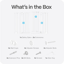 Baby gate kit parts layout with extensions, wall cups, and screws