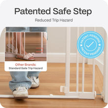 White baby gate with low bottom bar to reduce trip hazard