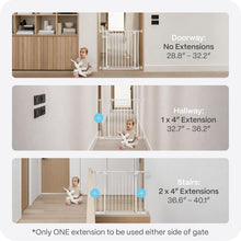 White baby gate with extension panels for doorway, hallway, and stairs