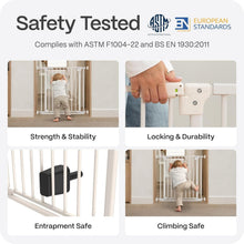 Safety-tested white baby gate with secure locking and anti-entrapment design