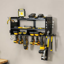 Wall-mounted power tool organizer with black shelves and hanging tools