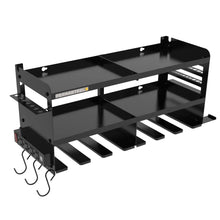 Black wall-mounted power tool organizer with open bays and slot holders