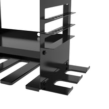 Black wall-mounted tool organizer corner with slotted supports and mounting hardware