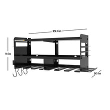 Black wall-mounted power tool organizer dimensions with marked width and height