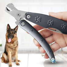 Dog nail clipper with gray non-slip handle and paw-print grip, held in a hand
