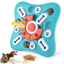 Blue dog puzzle toy with orange rotating center, bone knobs, and paw-stamp buttons