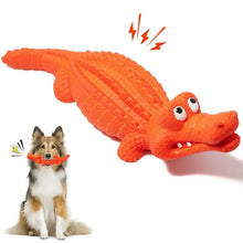 Orange crocodile squeaky dog chew toy made of natural rubber.