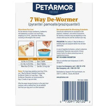 PetArmor 7 Way de-wormer box back with dosage directions and barcode
