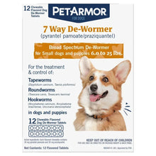 PetArmor 7 Way de-wormer box front with small dog image and 12 tablet count