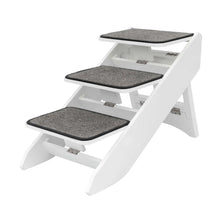 White dog ramp and steps with three gray carpeted steps