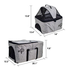 Gray pet carrier and storage cube with front mesh windows, with size measurements