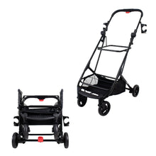 Pet stroller with black frame and gray seat, showing unfolded stroller and folded base