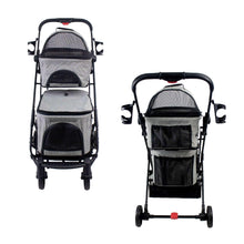 Pet stroller with two-tier gray seat pads and black frame, front and back views