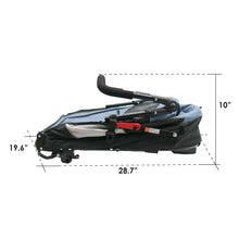 Folded gray and black pet jogger stroller with front wheel and handlebar