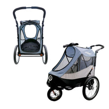 Pet jogger stroller set with gray canopy and black mesh, front and side views
