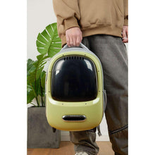 Green cat carrier held by a person with clear window, top vents, and front vent grille