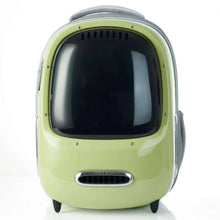 Green smart cat carrier with clear front window and top vented panel