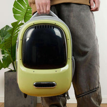 Green cat carrier held by a person, clear front window and front vent