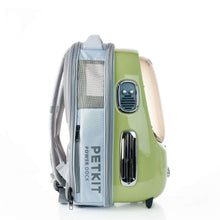 Green cat carrier with gray mesh back panel and PETKIT power dock label
