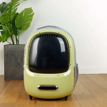 Green cat carrier with clear front window, top vents, and protective frame