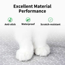 White litter pad with hex texture, shown with cat paw prints and feature icons