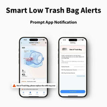 Smartphone screens displaying refill ring status and out-of-trash bag notification