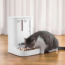 White dual-hopper pet food dispenser with cat eating from front tray