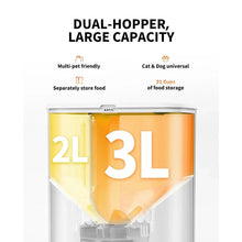 Dual-hopper pet food dispenser with large-capacity clear bin illustration